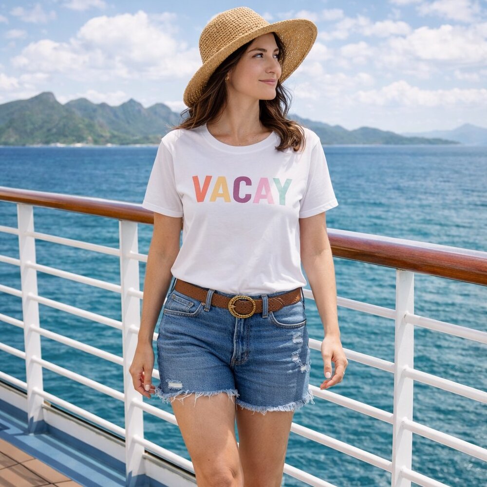 NWOT Multi-Color VACAY Womens White Crew Neck Short Sleeve 100% Cotton T…